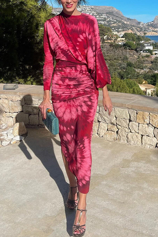 Claudia – Midikleid mit Batikmuster und Rüschen (vielfältige Tragemöglichkeiten) 