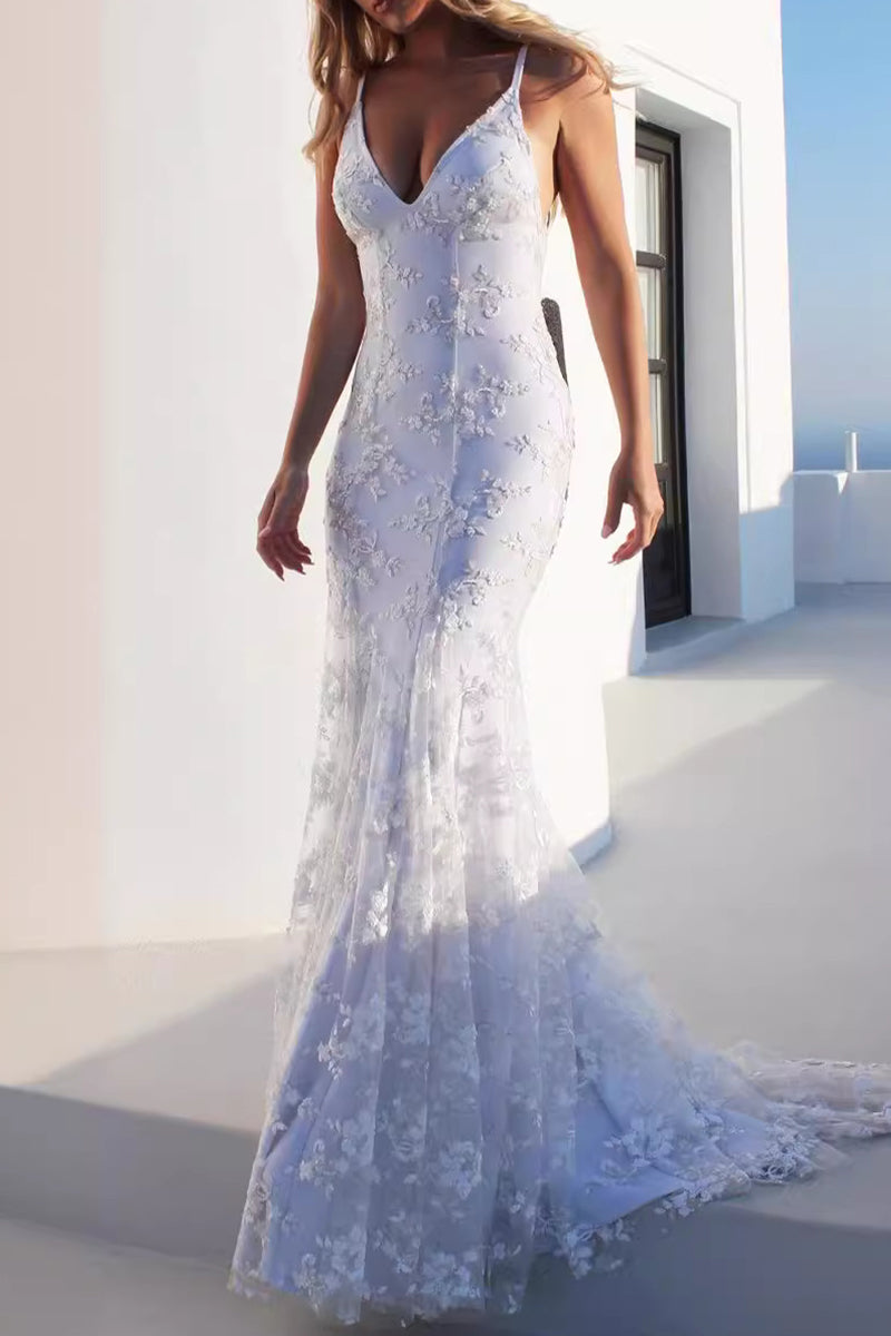 Robes de soirée patchwork dos nu en dentelle unie et sexy avec encolure en V (3 couleurs)