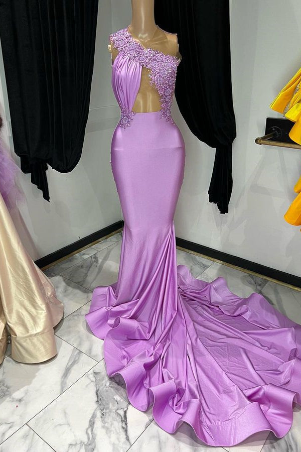 Abito da sera viola regale con spalla scoperta e design senza maniche a sirena