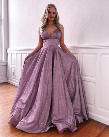 A-line V-neck Sequins Floor Length Evening Dress with Spaghetti Straps