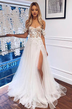 Classic White Off The Shoulder Boho A Line Lace Wedding Dress