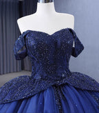 Vestido de Baile Luxuoso com Lantejoulas, Contas e Tule, Ombros Descobertos, Azul Marinho, para Aniversário e Baile Y7681