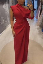 Robe de soirée unie à encolure ruchée irrégulière et manches mi-longues, longue et habillée