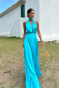 Custom Made Sleeveless Halter V Neck Long Pleated Prom Dress