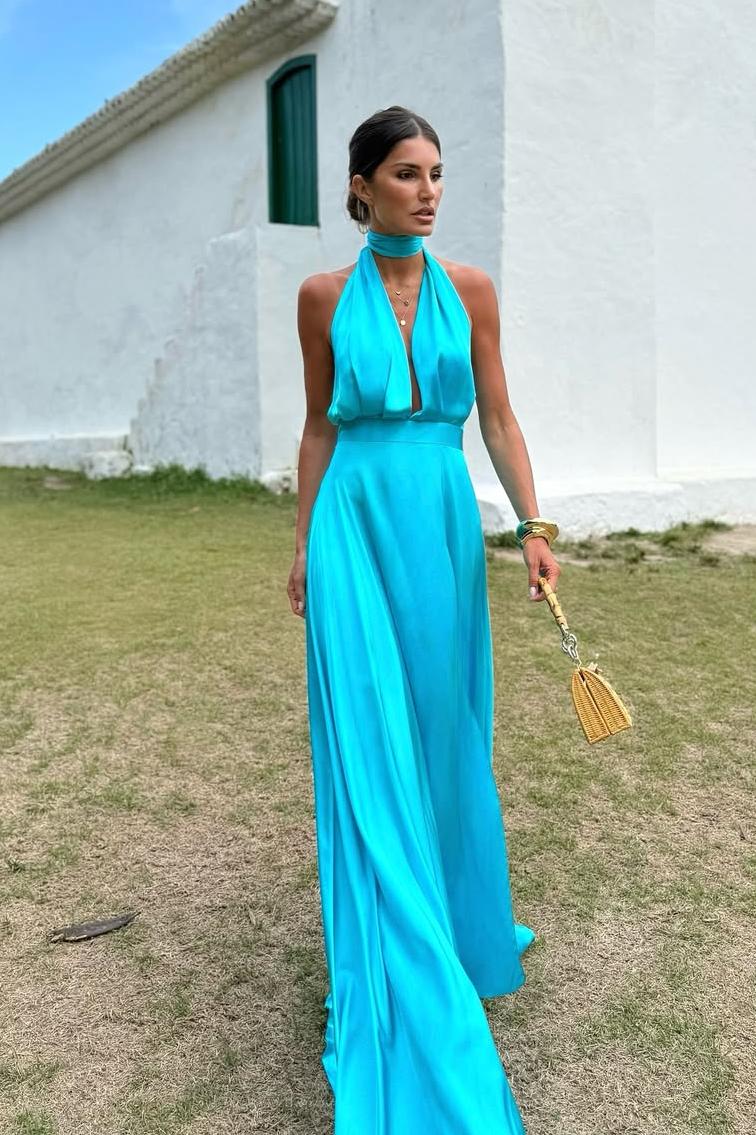 Custom Made Sleeveless Halter V Neck Long Pleated Prom Dress