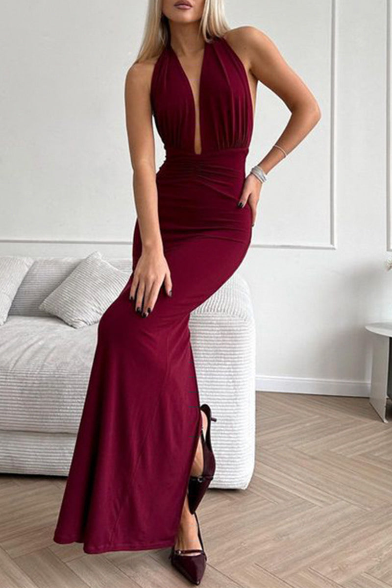 Sexy einfarbiges rückenfreies, gerüschtes Neckholder-Abendkleid 