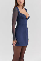 Deep V Neck Mesh Patchwork Long Sleeve A-Line Mini Dresses-Blue Pre Order