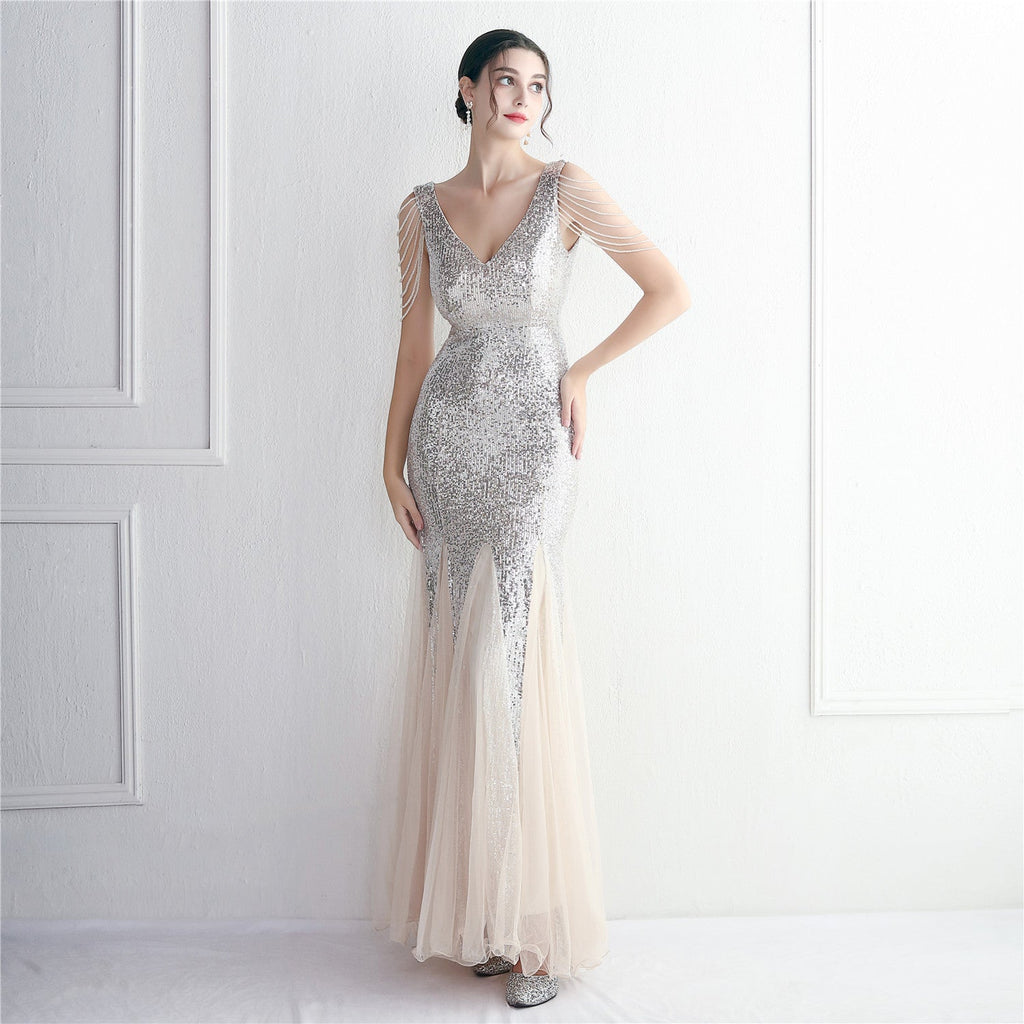 Sequin Mesh Craft Beaded Party Dress: Elegant Long Cocktail Slim Fit Evening Dress
