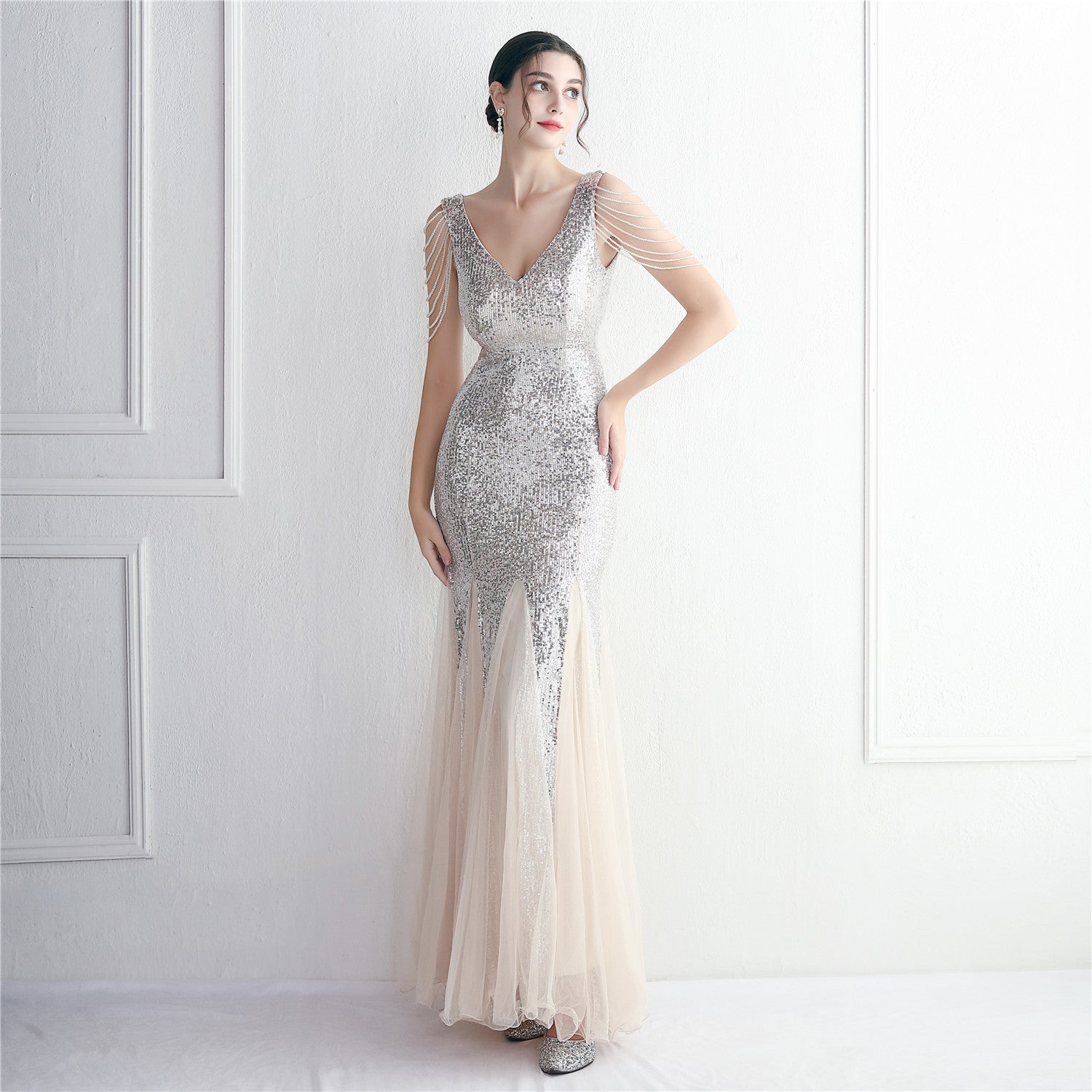 Sequin Mesh Craft Beaded Party Dress: Elegant Long Cocktail Slim Fit Evening Dress