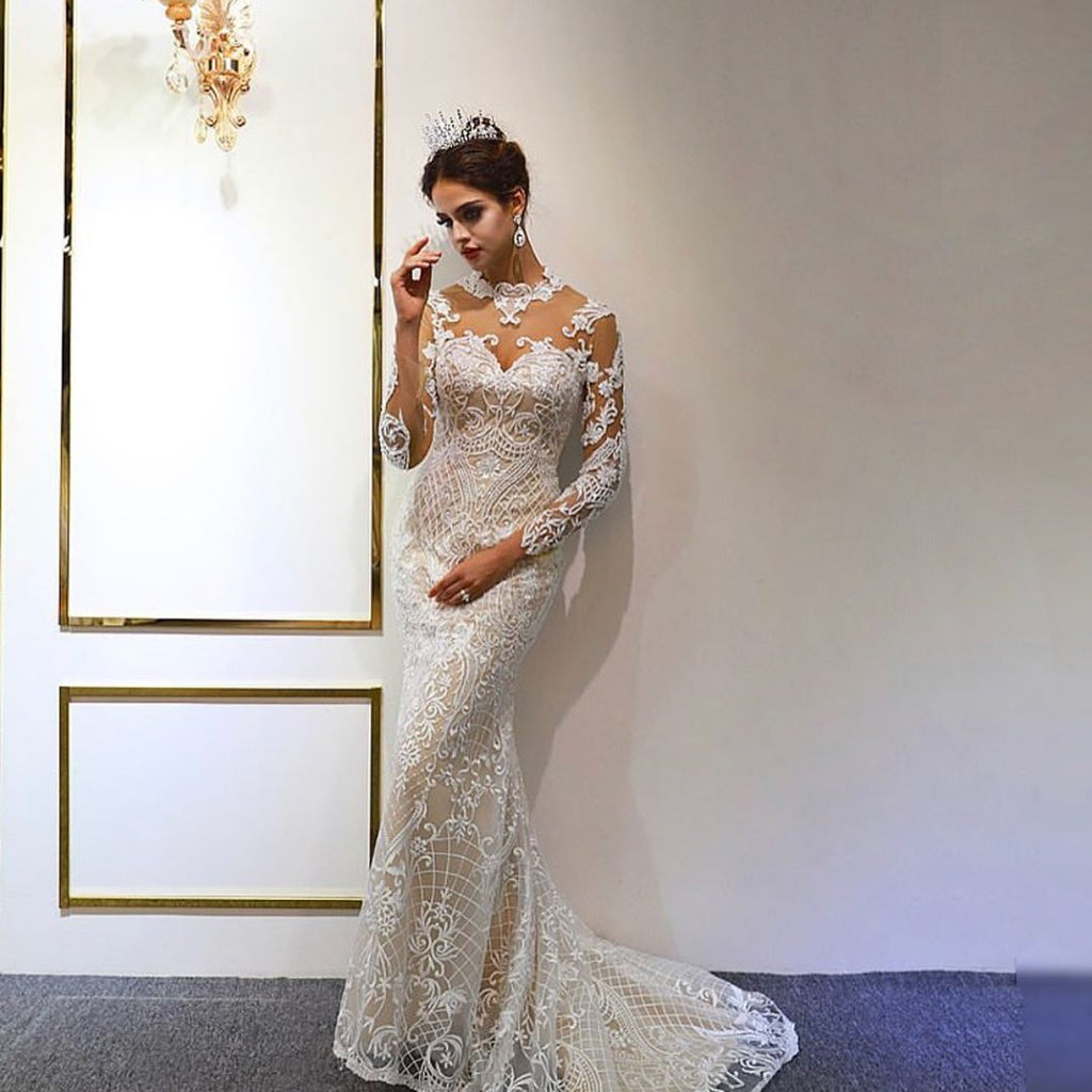 Floor Length A Line Sweetheart Long Sleeves Wedding Dress With Appliques Lace