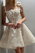 Deluxe Short A Line Lace Prom Dress With Square Neck Spaghetti Straps Appliques