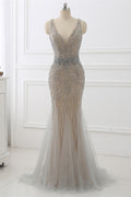 Tulle Sleeveless V Neck Mermaid Prom Dress With Beading In 70 Plus Colors