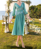 V Neck Knee Length A Line Mother Of The Bride Dress With Lace Ruffle Embroidery