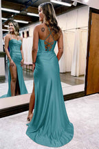 Hot Pink Spaghetti Straps Satin Mermaid Prom Dress With Slit