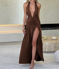 Nibber Elegant Women Long Dresses Solid Hipster Halter V-neck Backless Shirring Side Split Vestidos Female High Street New Robe