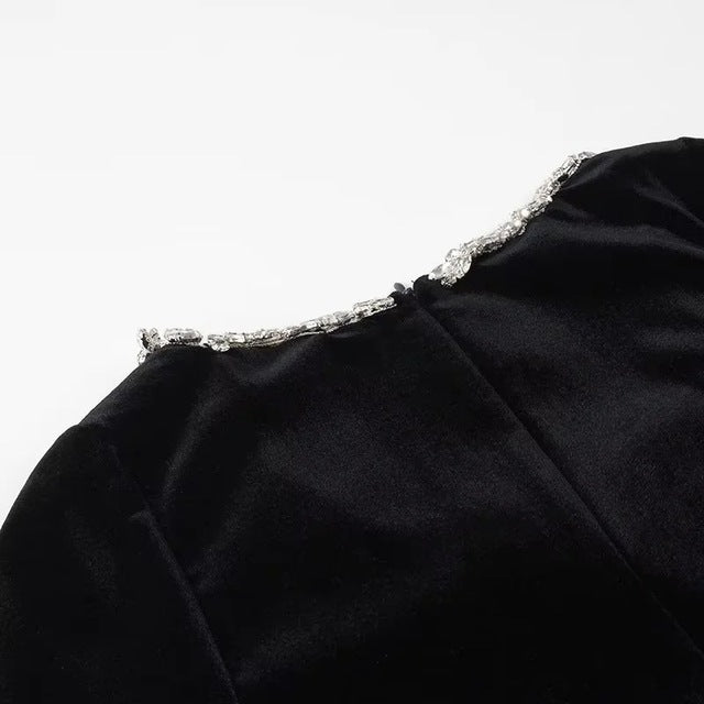 TARUXY Bead Drill Velveteen Dress For Women Long Sleeve Slim Black Formal Dress Female Party Elegant Retro Evening Dresses Femme