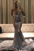 Sexy Silver Sequin Deep V-Neck Mermaid Long Prom Dress With Spaghetti Straps