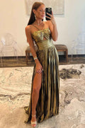 Sparkly Golden A Line Halter Prom Dress With Keyhole Slit