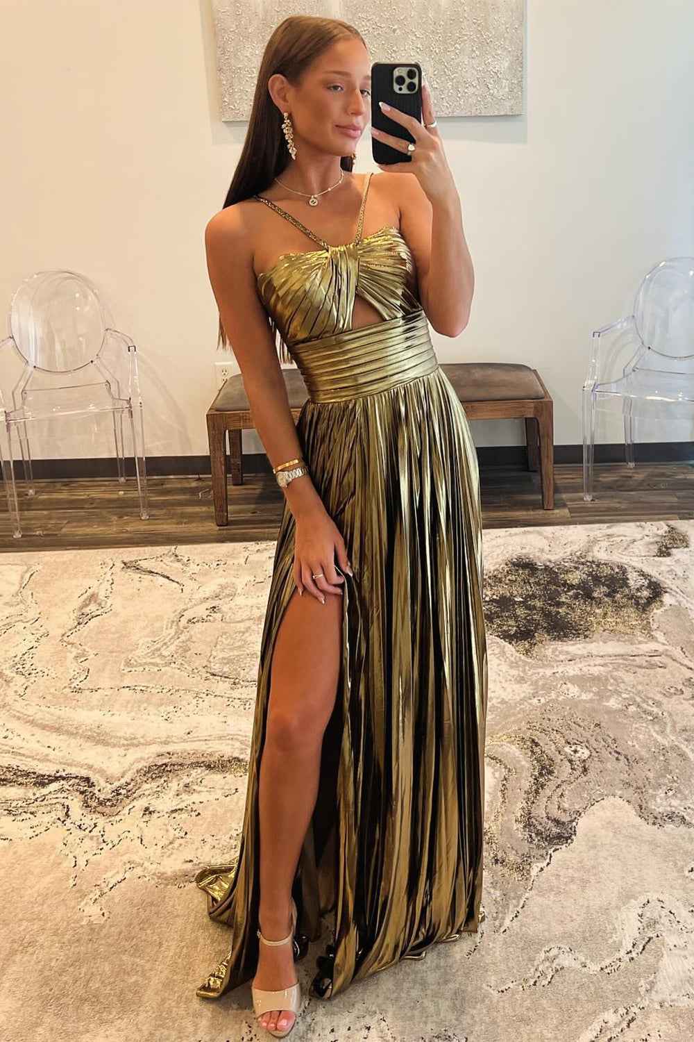 Sparkly Golden A Line Halter Prom Dress With Keyhole Slit