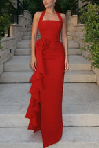 Abito Midi Slim Fit con Scollo a Trapezio, Fiori 3D e Spacco