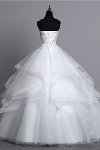 Strapless Tulle Layered Ball Gown Wedding Dress with Appliques and Beading