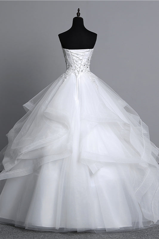 Strapless Tulle Layered Ball Gown Wedding Dress with Appliques and Beading