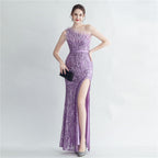 Heavy Industry Ostrich Hair Craft Bundle Hair Evening Dress with Oblique Shoulder Slit