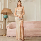 Abiti da sera lunghi con spacco, a sirena, con paillettes scintillanti color champagne, per donne 2025, sexy, con spalline sottili e schiena scoperta, per balli di fine anno e feste