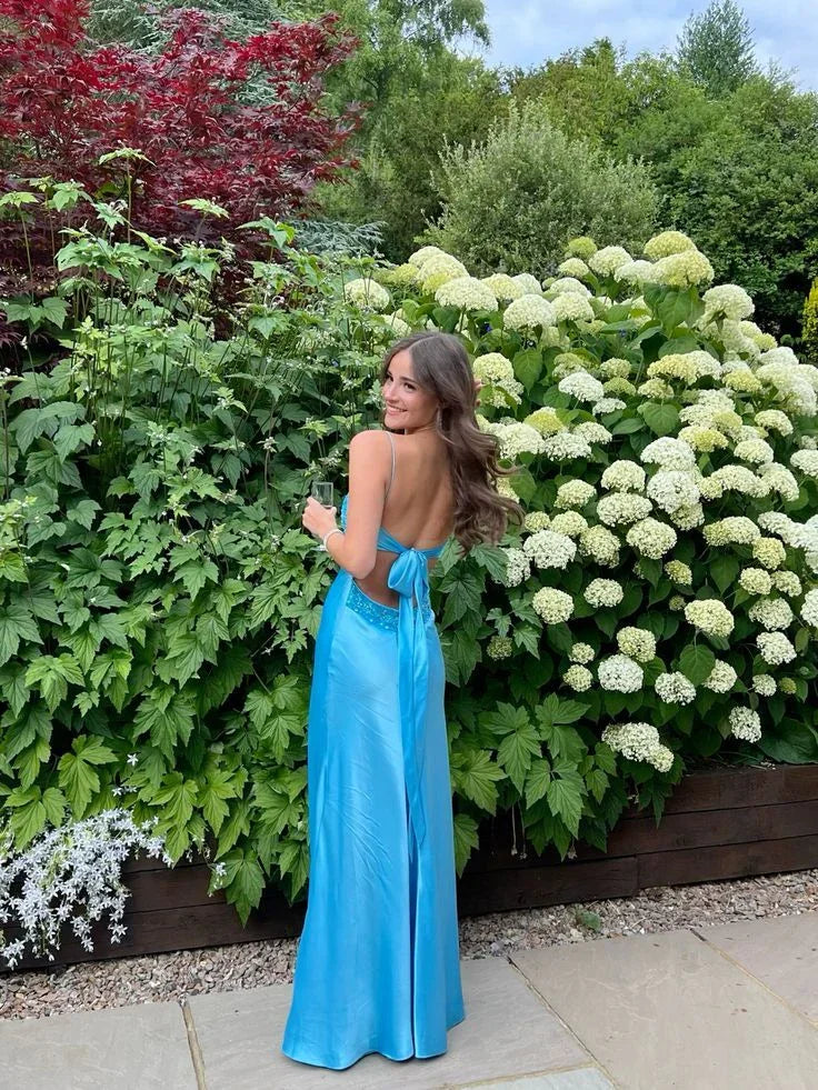 Vestido longo azul para baile sem costas Vestido de noite Y7516
