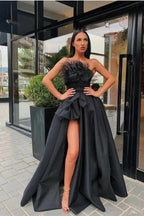 Strapless Black A Line Prom Dress With High Split And Feather Details