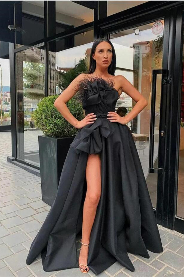 Strapless Black A Line Prom Dress With High Split And Feather Details