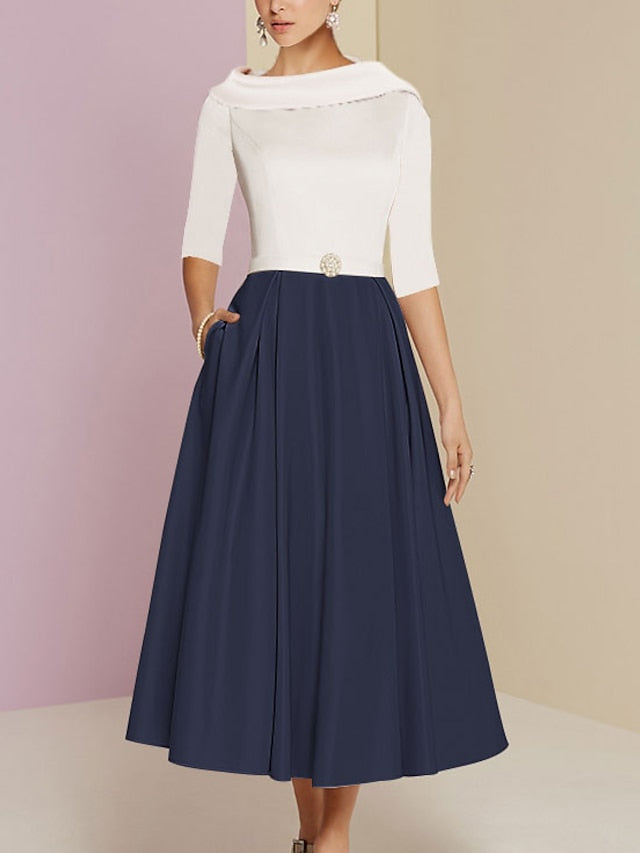 Tea Length Mother Of The Bride Dress A Line With Jewel Neckline And Pockets