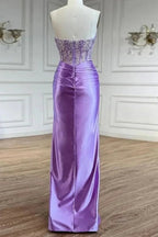 Eirene | Robe longue de bal en satin violette en forme de sirène avec perles