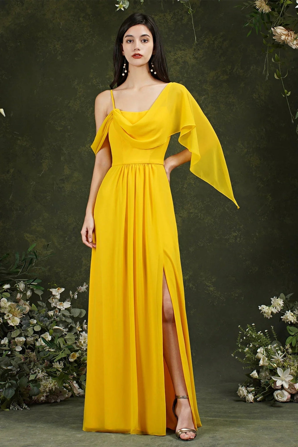 Elegant A-line Chiffon Ruffles Floor-length Split Bridesmaid Dress With Pockets