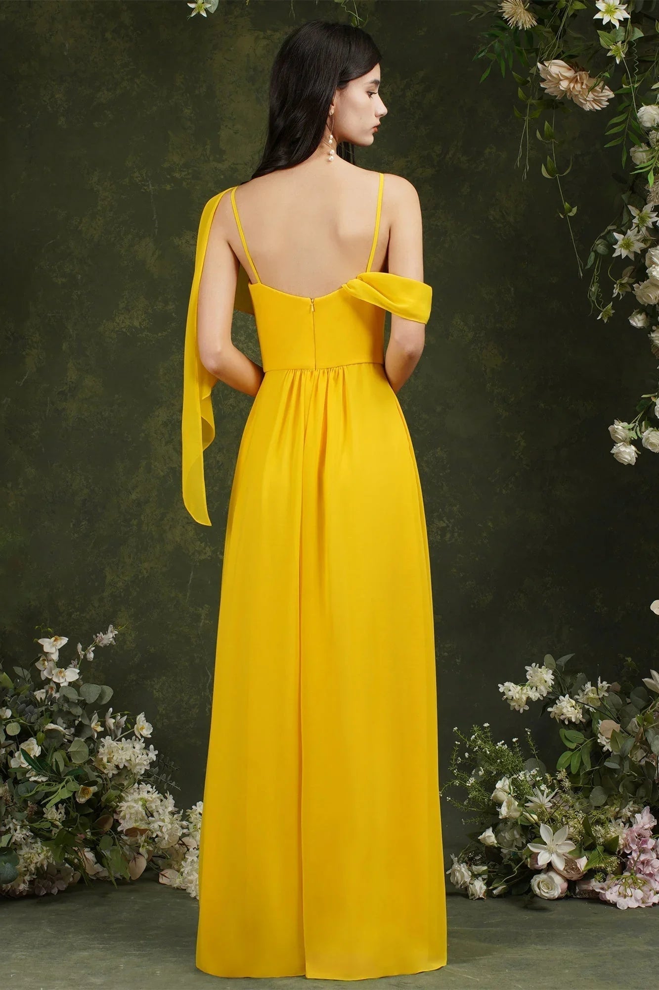 Elegant A-line Chiffon Ruffles Floor-length Split Bridesmaid Dress With Pockets