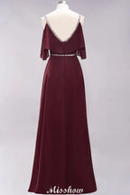 elegante vestido de dama de honor largo hasta el suelo, sin mangas, con tirantes finos, escote en V y falda en línea A de gasa con abalorios