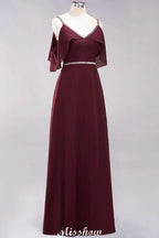 elegante vestido de dama de honor largo hasta el suelo, sin mangas, con tirantes finos, escote en V y falda en línea A de gasa con abalorios