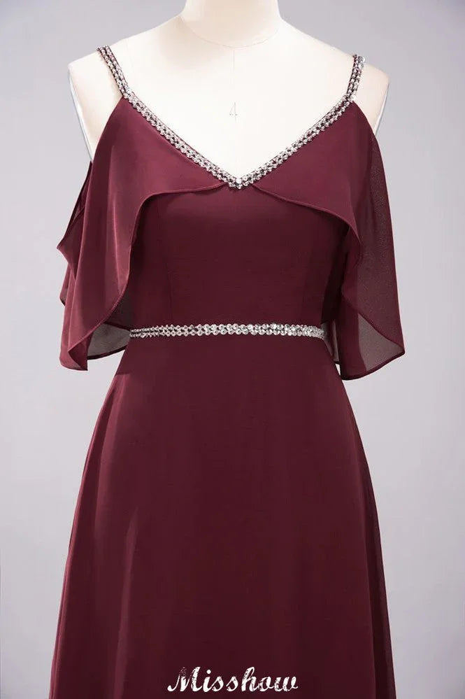 elegante vestido de dama de honor largo hasta el suelo, sin mangas, con tirantes finos, escote en V y falda en línea A de gasa con abalorios
