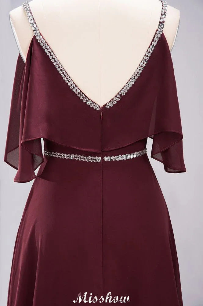 elegante abito da damigella d'onore a linea ad A in chiffon con scollo a V, spalline sottili, senza maniche, lungo fino a terra con perline