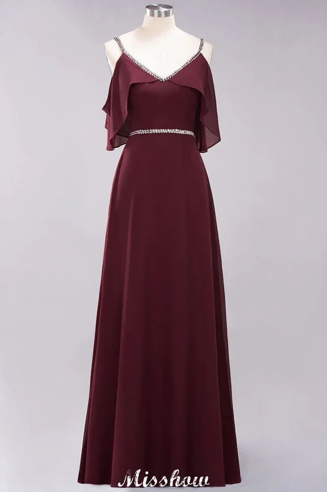 elegante vestido de dama de honor largo hasta el suelo, sin mangas, con tirantes finos, escote en V y falda en línea A de gasa con abalorios