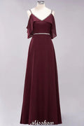 elegante vestido de dama de honor largo hasta el suelo, sin mangas, con tirantes finos, escote en V y falda en línea A de gasa con abalorios