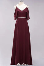 elegante vestido de dama de honor largo hasta el suelo, sin mangas, con tirantes finos, escote en V y falda en línea A de gasa con abalorios