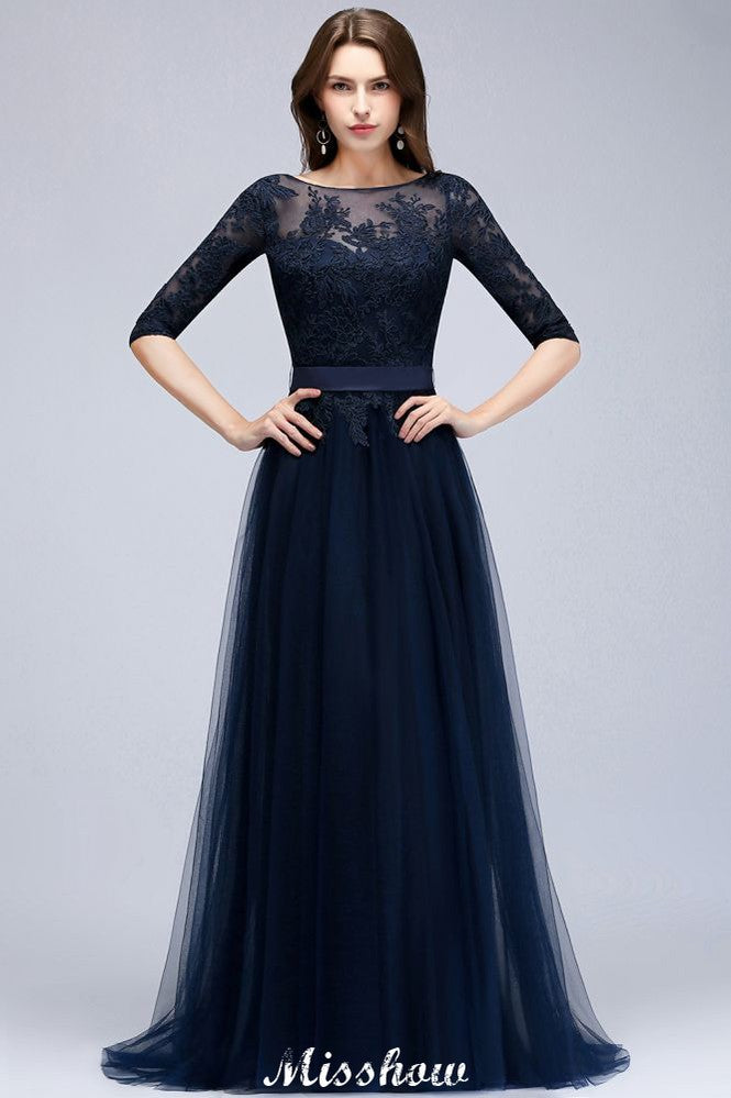 Elegant A-Line Half-Sleeves Lace Appliques Dark Navy Bridesmaid Dresses