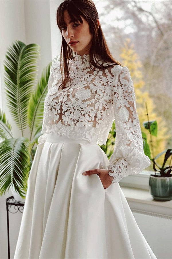 Elegant A-line High Neck Satin Lace Long Sleeves Wedding Dress with Pockets