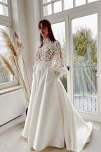 Elegant A-line High Neck Satin Lace Long Sleeves Wedding Dress with Pockets