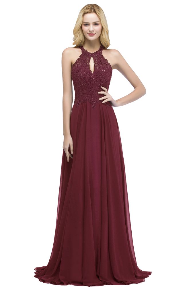 Elegante abito lungo da cerimonia a linea ad A con scollo a goccia e perline, modello allacciato al collo