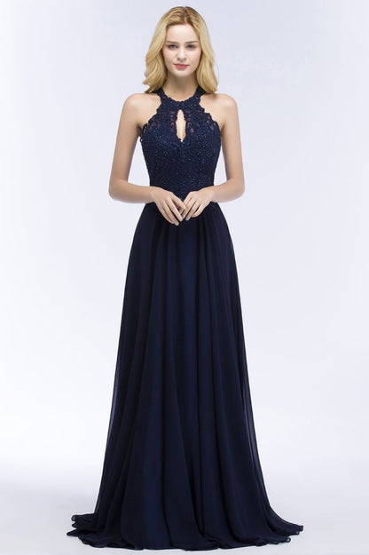 Elegante vestido de fiesta largo con escote halter, corte A y cuentas