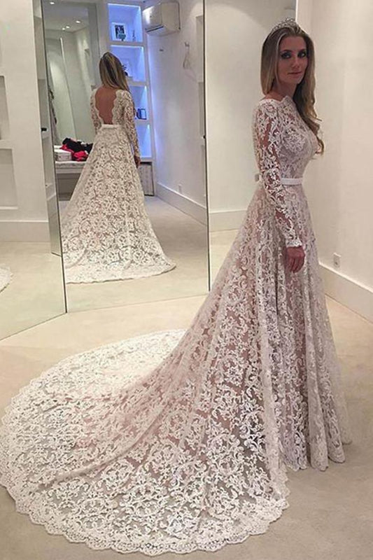 Elegantes rückenfreies A-Linien-Brautkleid aus Spitze mit Hofschleppe