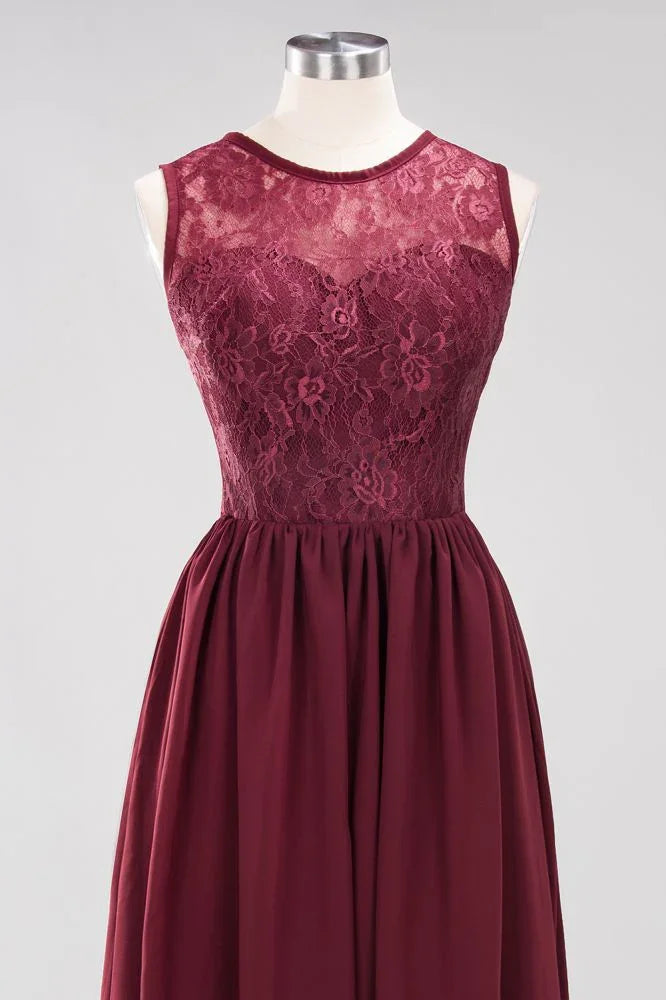 فساتين وصيفات أنيقة بدون أكمام بتصميم على شكل حرف A من الدانتيل، فستان سهرة طويل من الشيفون مزين بالجواهر والكشكش والتطريزات