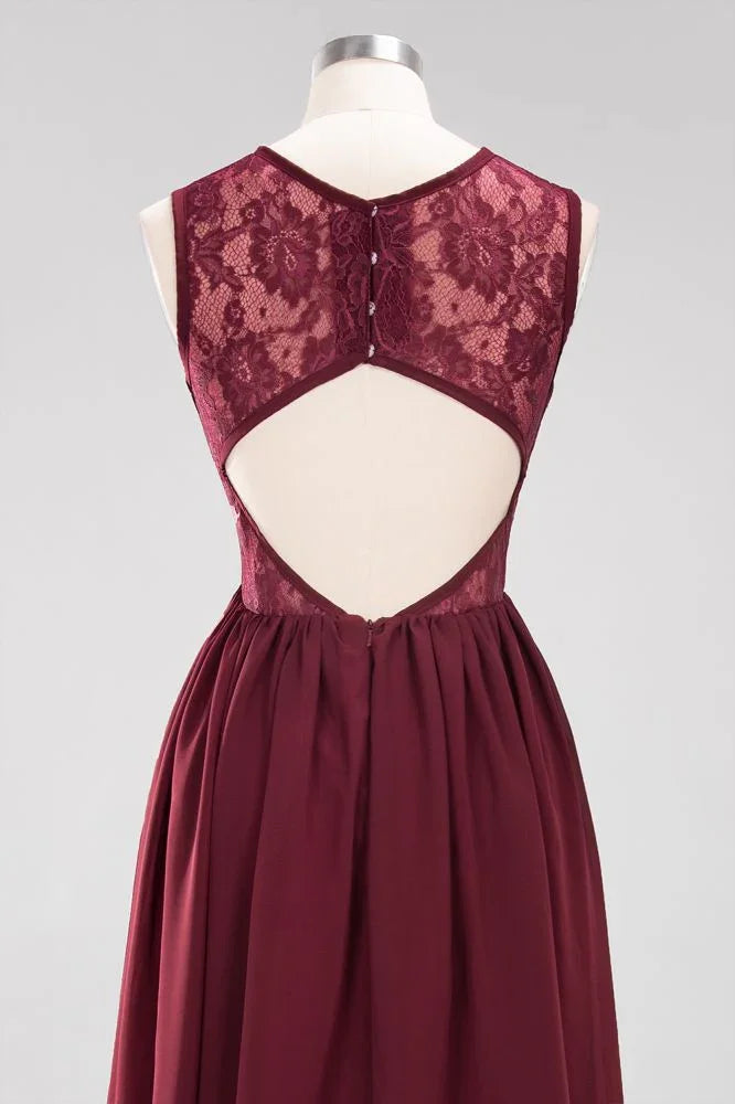 فساتين وصيفات أنيقة بدون أكمام بتصميم على شكل حرف A من الدانتيل، فستان سهرة طويل من الشيفون مزين بالجواهر والكشكش والتطريزات